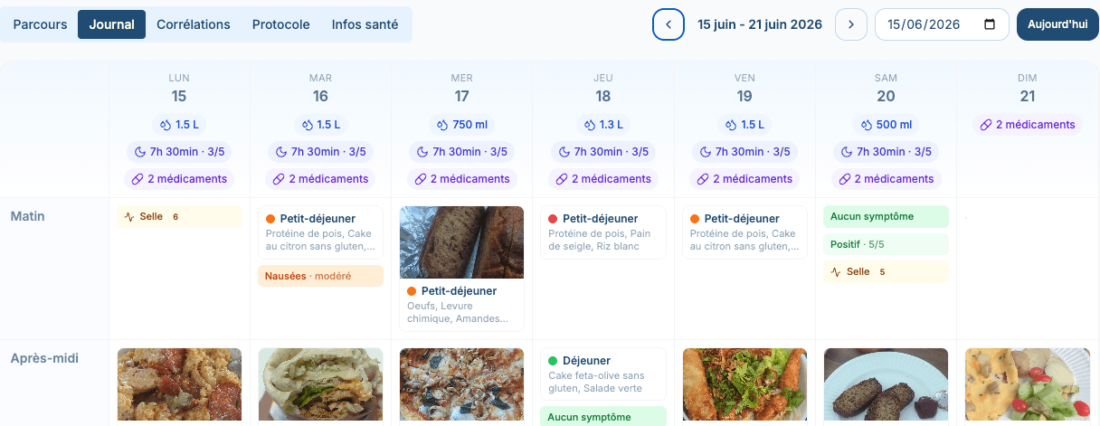 Le portail Bellya Pro : le journal de la semaine d'un patient, repas, symptômes et hydratation.