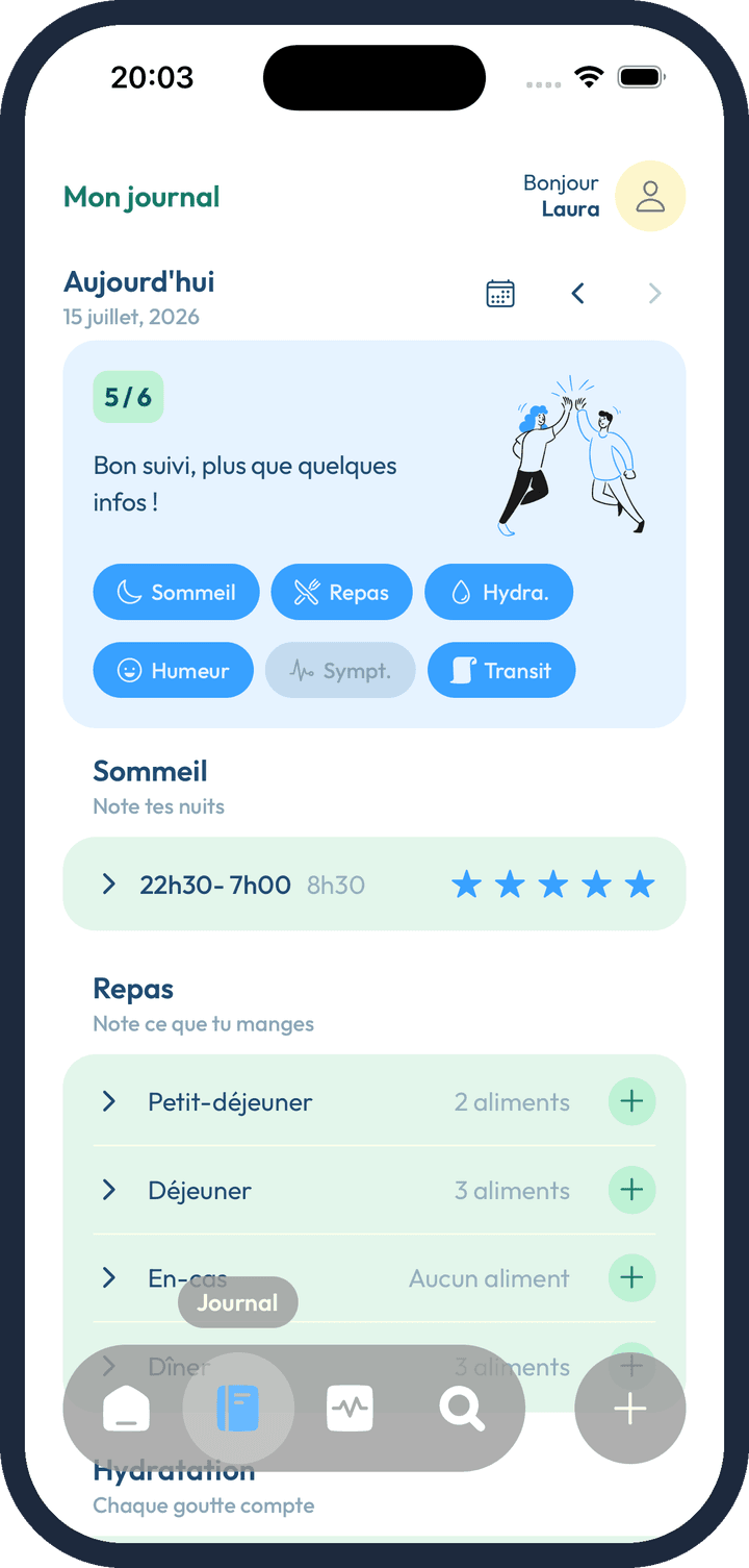 Bellya : l'écran du journal avec la journée notée, sommeil, repas et humeur.