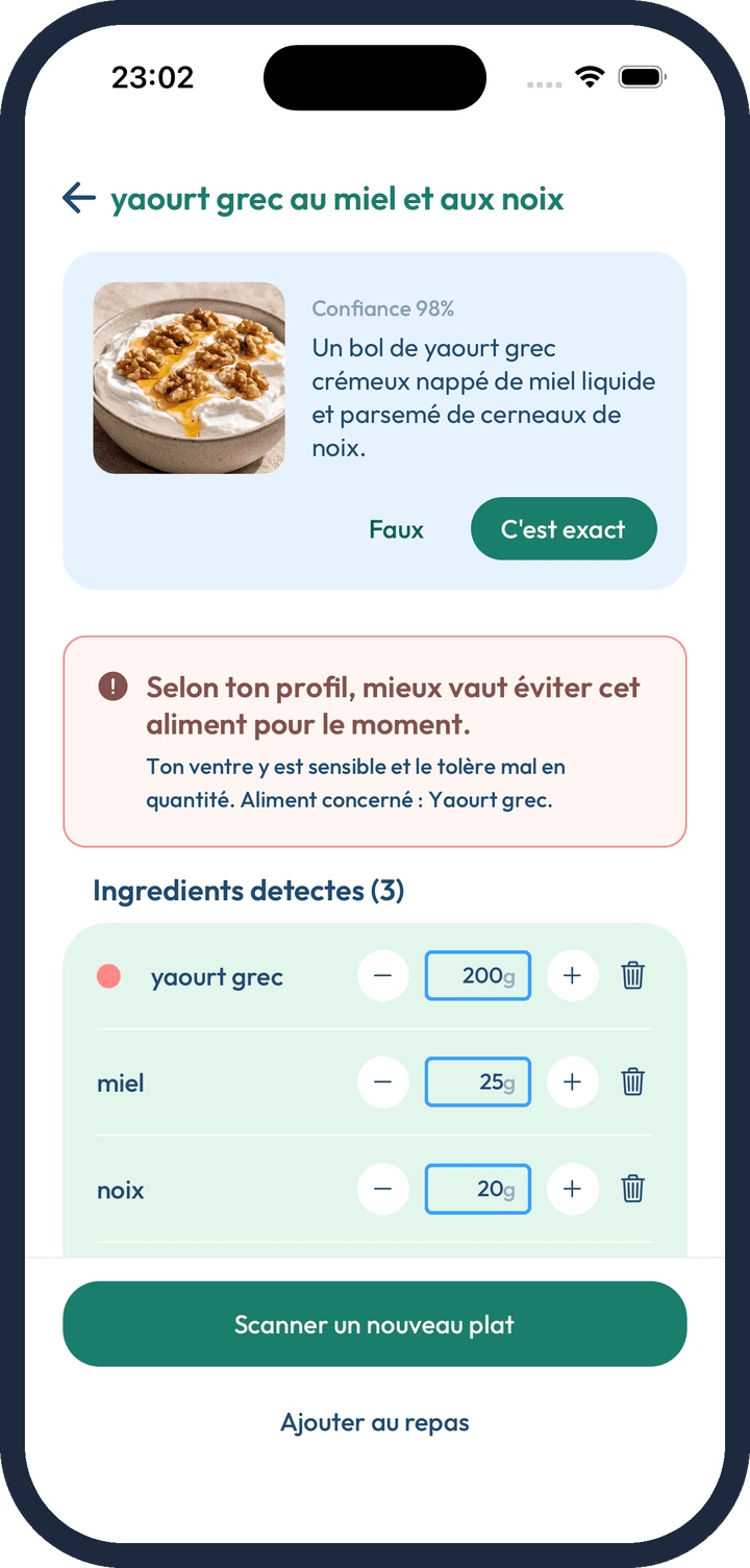 Bellya : une assiette scannée, ingrédients détectés et verdict selon ton profil.